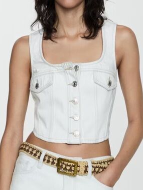 MANGO NWT Bleach Blue Denim Button-Front Cropped Vest
